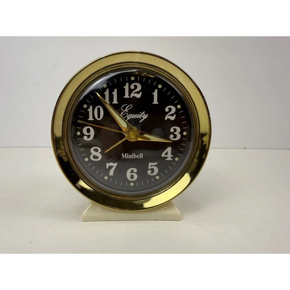 Vintage Equity Minibell Wind Up Alarm Clock Gold Tone Cream Luminous Dial Works